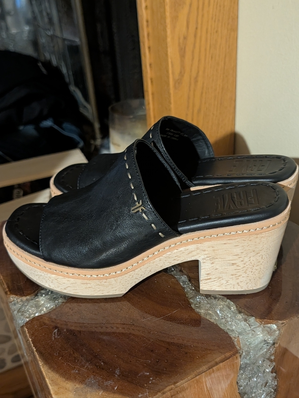 Frye Hazel 2 Platform Slides sz 8 in Black Leather & Natural Wood - Picture 6 of 16